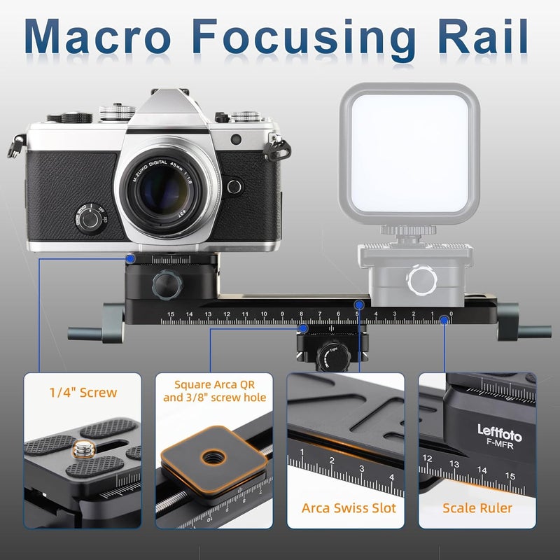 Leftfoto Precise Stable Geared Macro Focusing Rail Slider,Bidirectional Adjustment for Close-up Shooting Macro Photography with Arca-Swiss Dovetail Quick Release Plate - Image 5